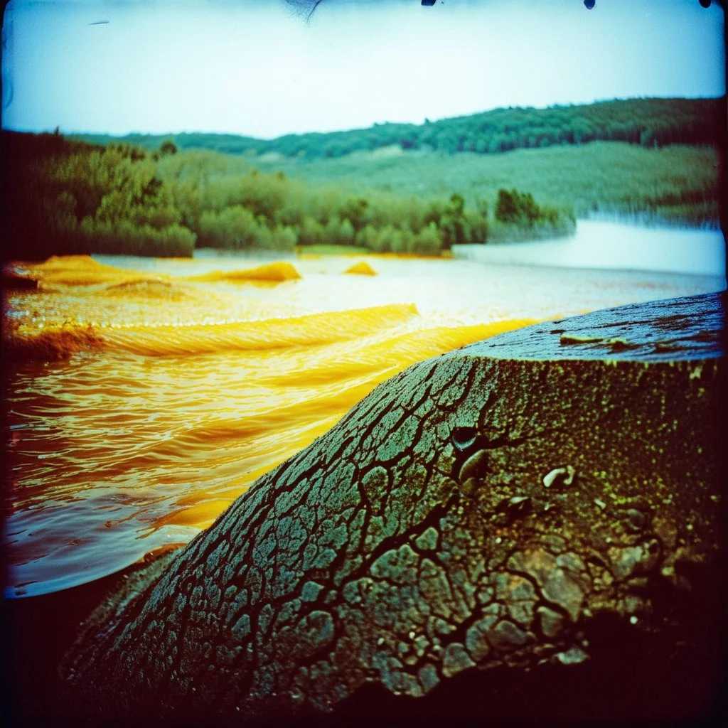 Photography polaroid close-up of a random landscape with massive odd Max Ernst incomprehensible style Surrealism, glossy, organic, creepy, strong texture, fiotti di liquido nero, horror, panic, obsessive, hypnotic