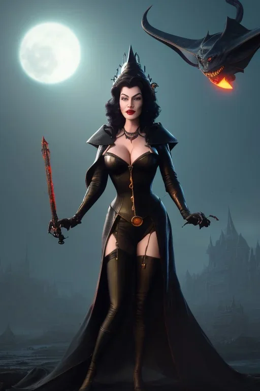 Ava Gardner as evil queen in black leather, busty, cleavage, curvy, angry, stern look. character design by cory loftis, fenghua zhong, ryohei hase, ismail inceoglu and ruan jia. unreal engine 5, artistic lighting, highly detailed, photorealistic, fantasy