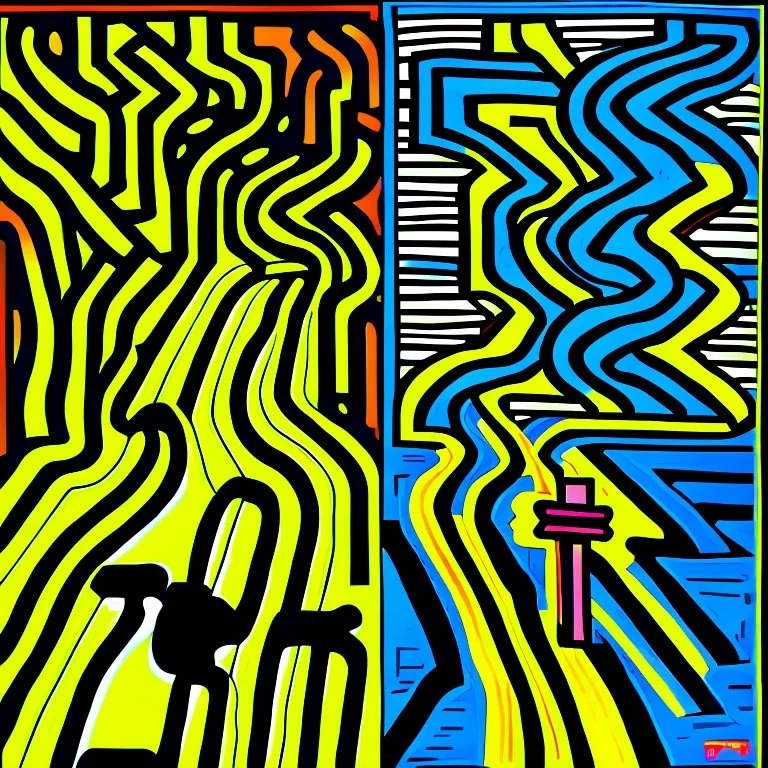 two roads diverged , art, acrilyc colors, bright, keith haring, picasso, masterpiece