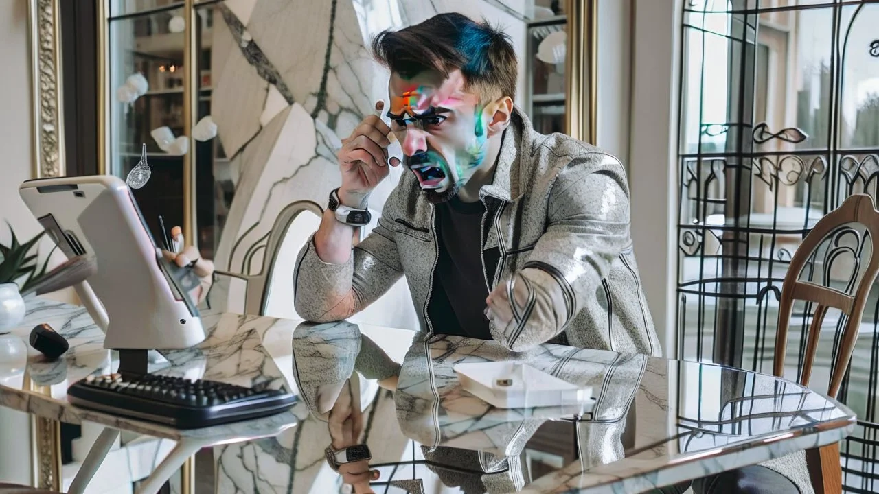 angry guy on phone at incomplete table next to marble tabletop