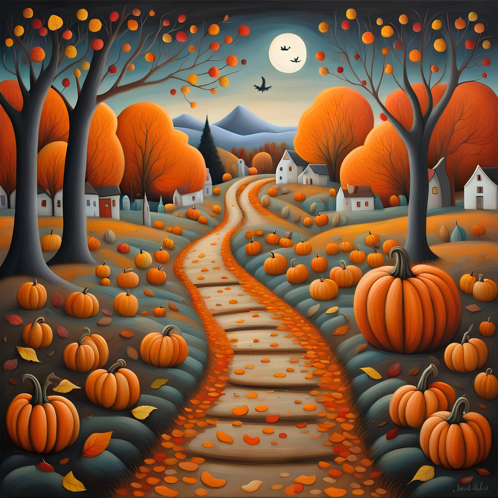 Painting of a path through a pumpkin patch, swan country, whimsical art, late autumn, village in the woods, Jane Newland, whimsical fantasy landscape art, spooky autumn colors, in autumn, by Janet Archer, by Sheila McLean, very coherent works Stylish Art, by Elaine Hamilton, Landscape Works, by Jane Kelly, Amazing Art, by Tom Scott RSA