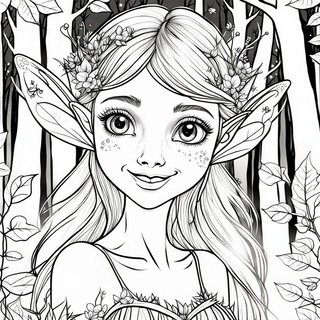 realistic FAIRY, "Moonlit Forest, "adult, face view, cute, smile, beautiful, full view, realistic, coloring page, only draw lines, coloring book, clean line art, –no sketch, color, –ar 3:4, white background, minimalistic black lines, minimal black color, low level black colors, coloring page, avoid thick black colors, thin black line art, avoid colors, perfect shape, perfect clear lines,