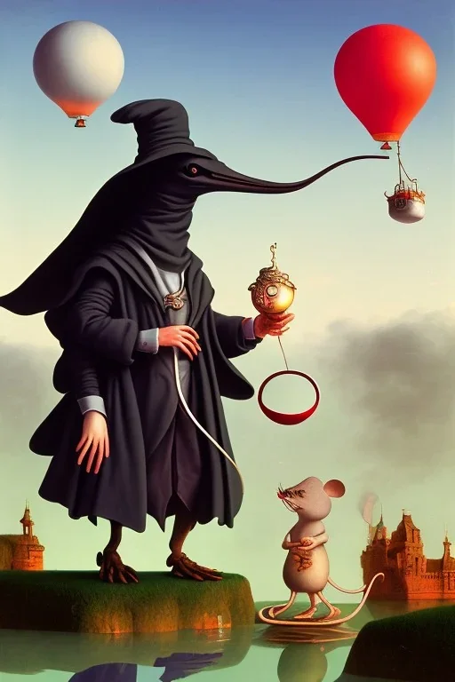 The Plague Doctor and a Mouse happily lost down the river attracted by mutual appreciation of their artistic desires in Balloon world, art by Magritte