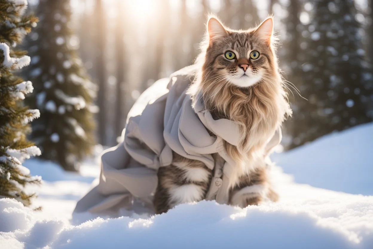 Cat in Wellensteyn coat, winter forest, pine trees, snowing, in sunshine