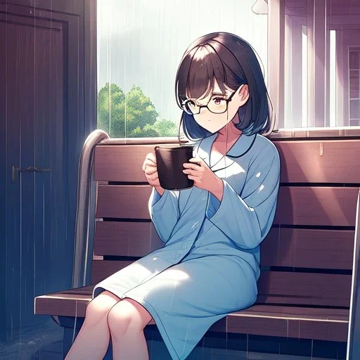 anime girl sitting on a porch swing of an old house, journaling, wearing pajamas,sitting next to a cup of coffee, writing in a book, shes watching it rain, more detail on hands and her face,shes deep in her thoughts, wearing glasses, rain drops