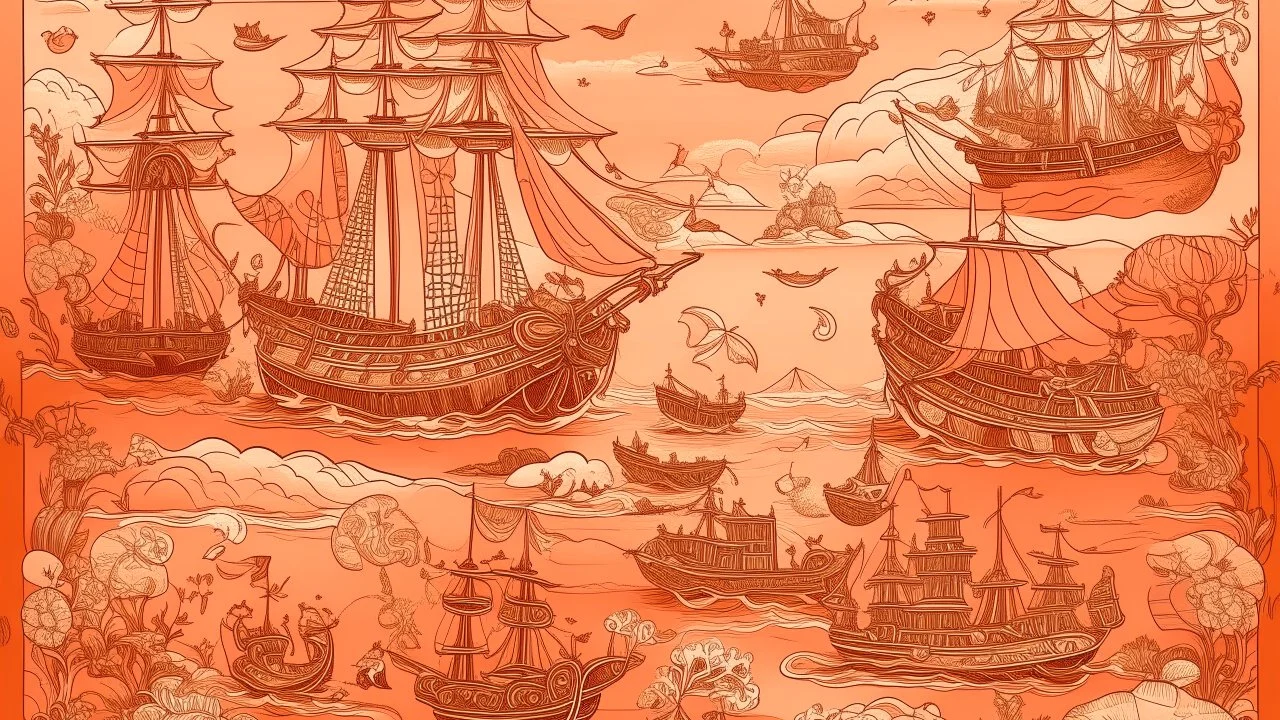 A light rosy orange colored bay with pirate ships and crystals designed in medieval tapestry