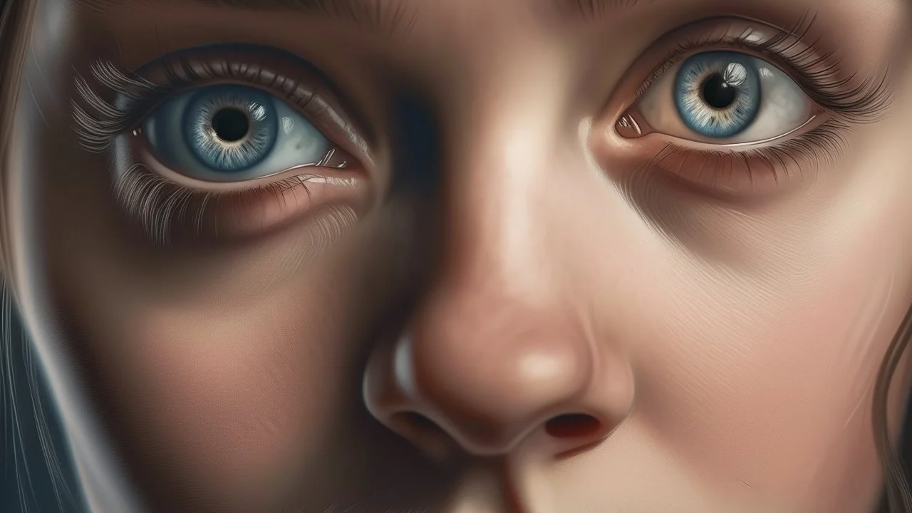 Dramatic close-up of a female face with large, expressive eyes, intense and absorbing gaze, dilated pupils reflecting soft light, long and defined eyelashes, lips half-open in mid-dialogue, smooth skin with a soft natural blush, intimate and close atmosphere, hyperrealistic portrait style