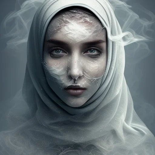 clouds of fog as woman's face, dissolving, disintegrating, wearing hijab, turning to smoke, turning to fog, wearing hijab, fine detail, highly intricate, ghostly, modern surrealism painting, high-quality, volumetric lighting, 8k, ultrahd, George Grie, Marco Escobedo, Igor Morski,Brian Froud, Howard Lyon, Selina French,