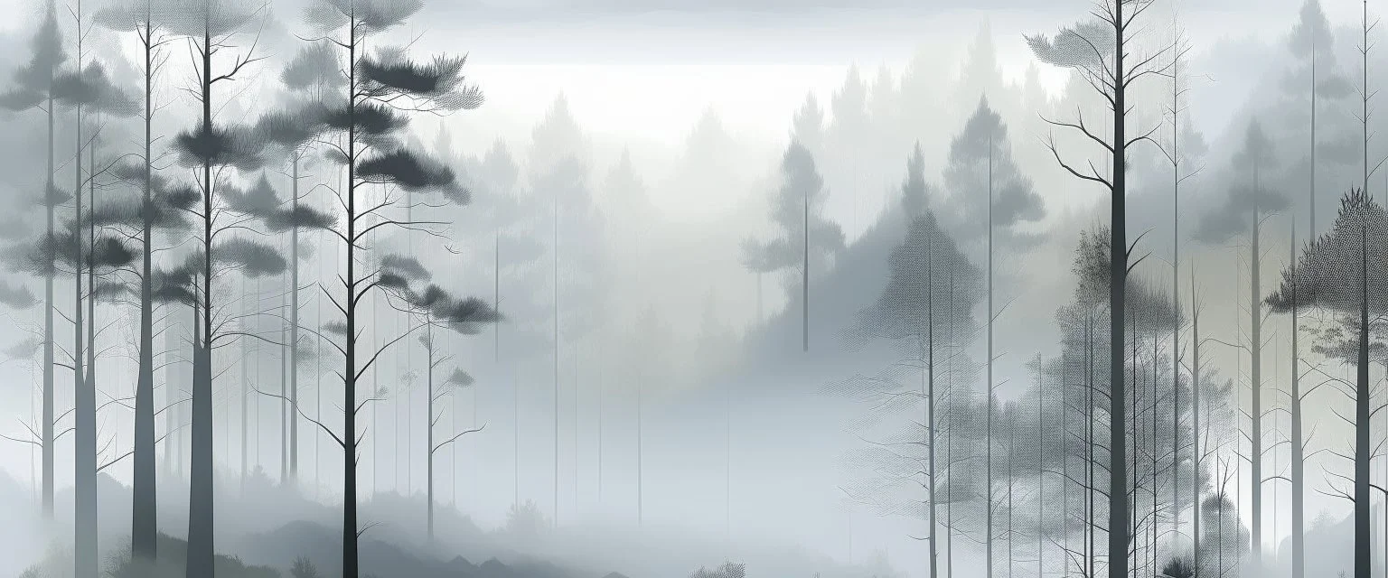 A light gray forest covered in fog in Collage art style
