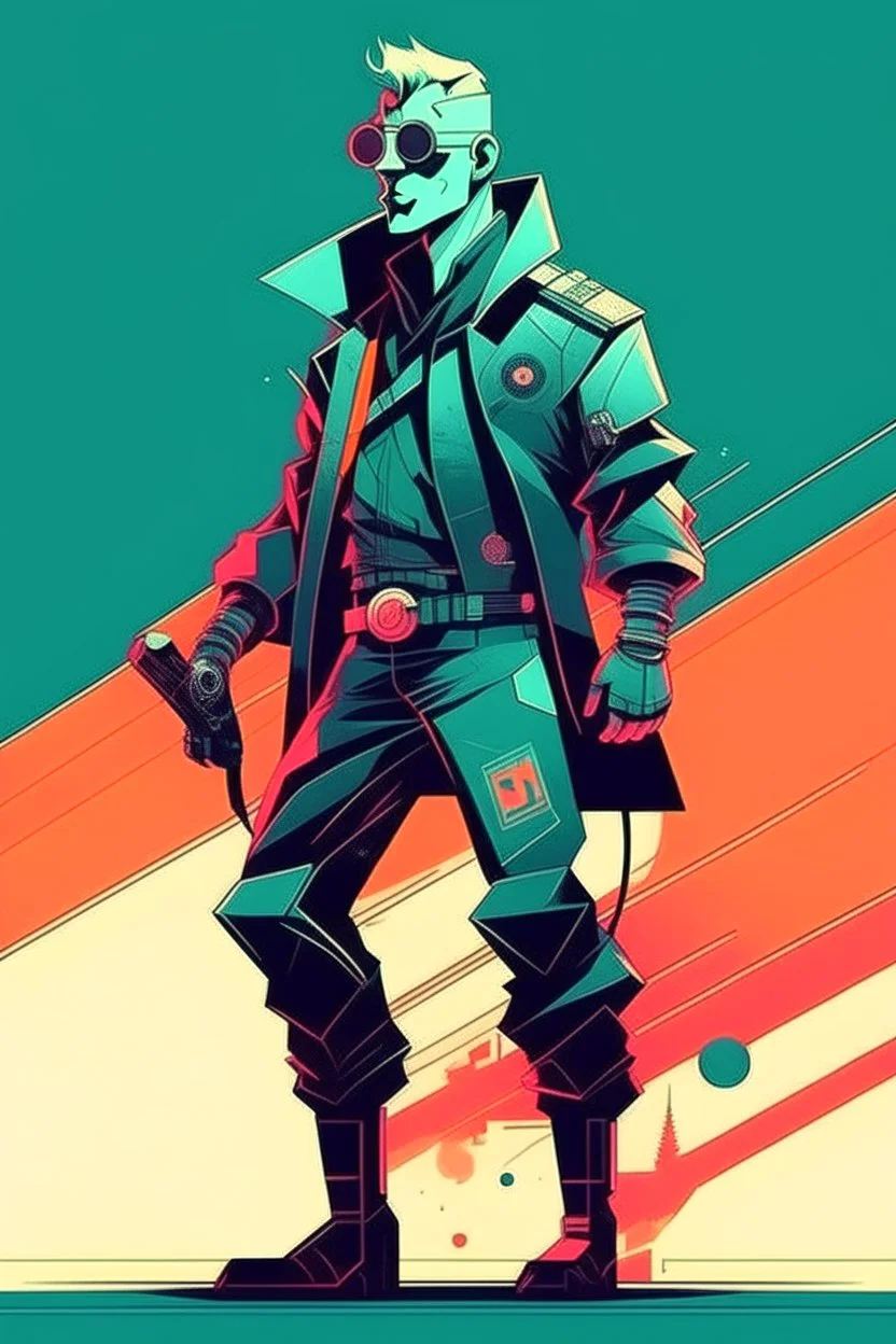 cyberpunk retro futuristic rebel man as a poster in 50s in full length