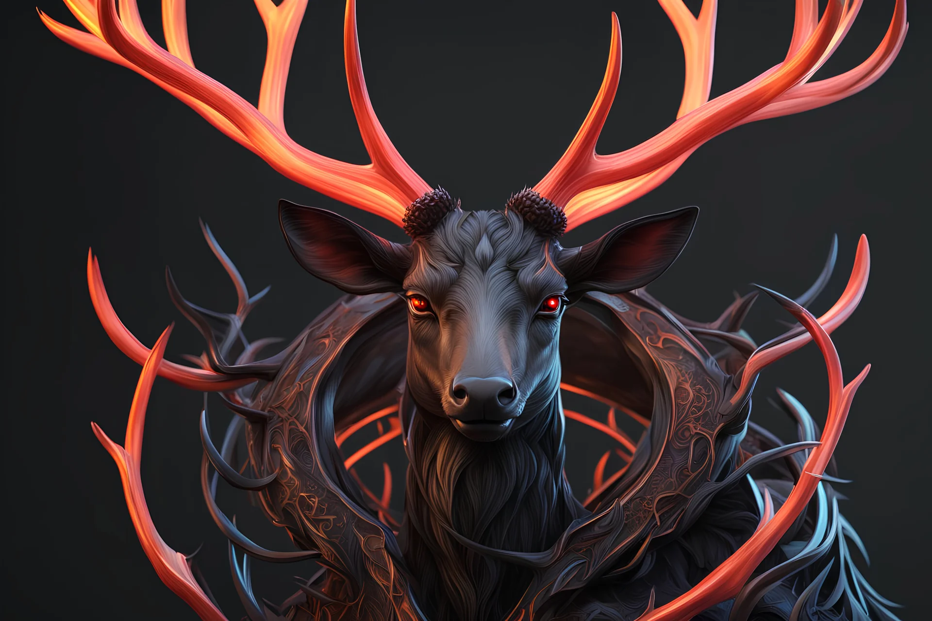Shadow symbiote in 8k realistic anime e drawing style, human model, close picture, Deer them, neon crystal antlers deer, intricate details, highly detailed, high details, detailed portrait, masterpiece,ultra detailed, ultra quality