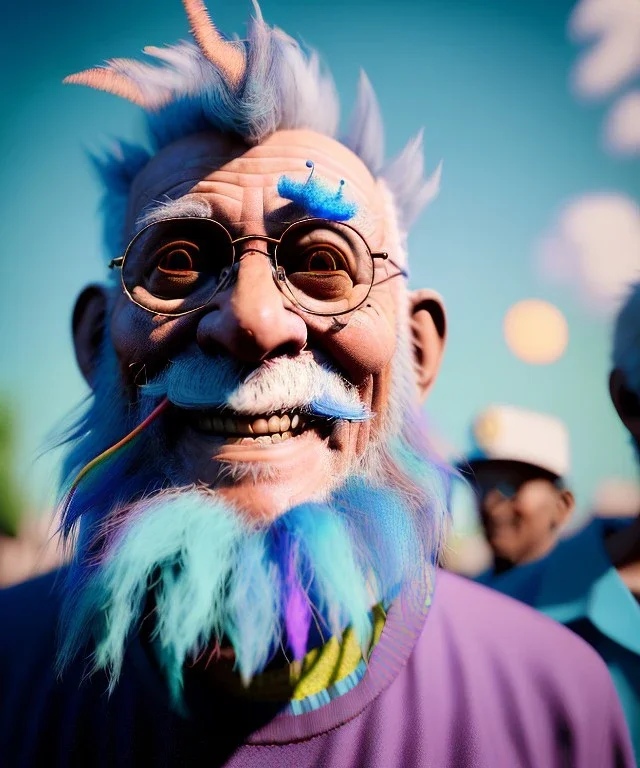 Ultra Realistic photo, medium shot view, drunken sweet happy old man, carnival scene, monster hair, steampunk style. Blue hair, confeti, smile, happy, festival, ovnis, gradient color fog. highly detailed, concept art, unreal engine 5, ray tracing, RTX, lumen lighting, ultra detail, volumetric lighting, 3d, finely drawn, high definition, high resolution.