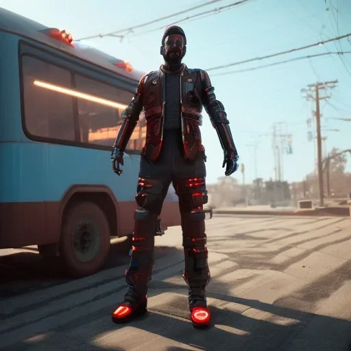 Man, cyberpunk bus, blue and sky lighting, guns, wearing red armor, unreal engine 5 --v 4