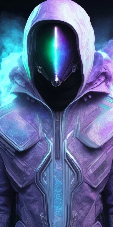 purple galaxy masked super villain, weapons in hands, teal and purple smoke, full portrait, hyper realistic, 4k