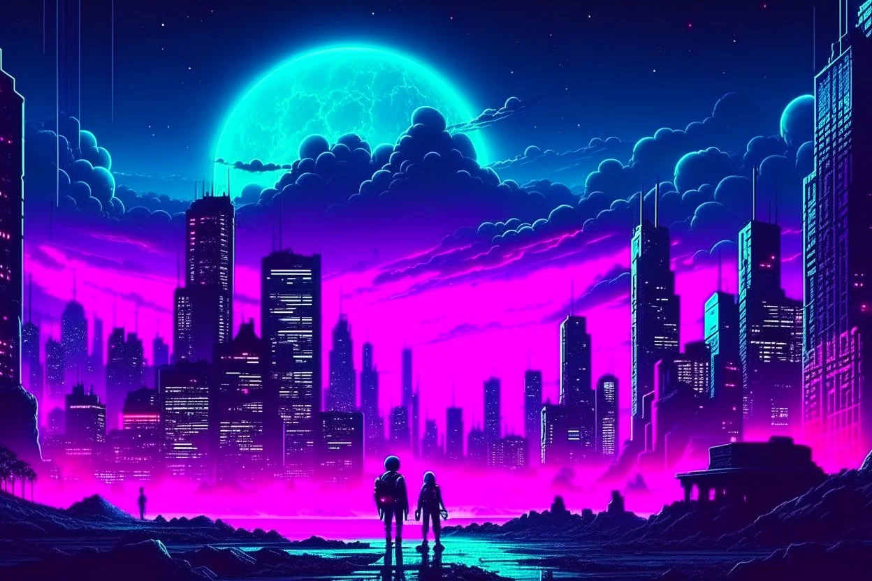 retrowave cyberpunk city, moon, clouds, people, sci-fi, epic