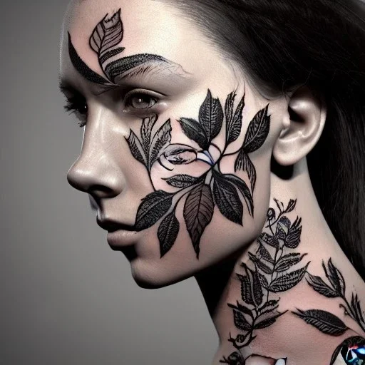 full face tattoo of branches and leaves that extend past face and become real, 8k resolution, high-quality, fine-detail, intricate, digital art, detailed matte, volumetric lighting, illustration, octane render,