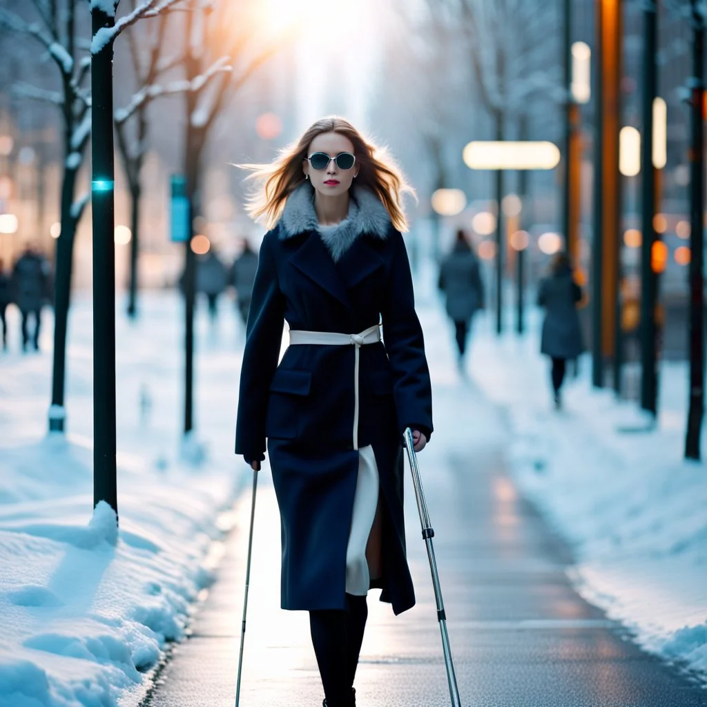 image of a pretty blind young woman with a blind persons white cane walking down a busy street in the winter. 4k. Photorealistic