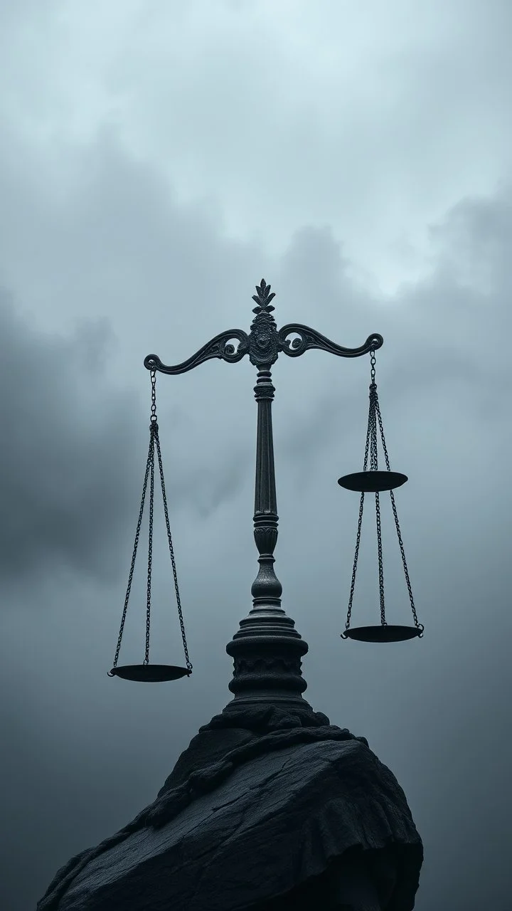 The scale of justice in the clouds, all gray and foggy dark environments