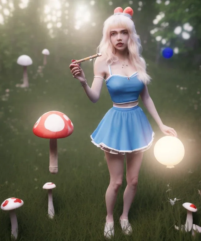 Ultra realistic wonderland photo, happy blonde Alice smoking a pipe, blue dress, white rabbit pet, circus dress style, old school tattoo, smoke, marijuana garden, glow eyes, perfect iris, little mushroom balloons, soft color, highly detailed, unreal engine 5, ray tracing, RTX, lumen lighting, ultra detail, volumetric lighting, high definition.