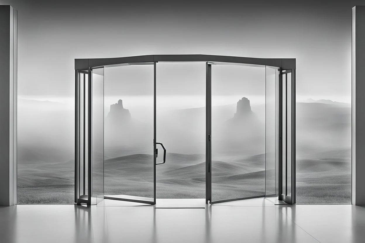 a surreal open glass gate in a glass wall with a view of a desolate landscape, fog, monochrome, strong contrasts, by artist "Leonora Carrington",by artist "Zaha Hadid""