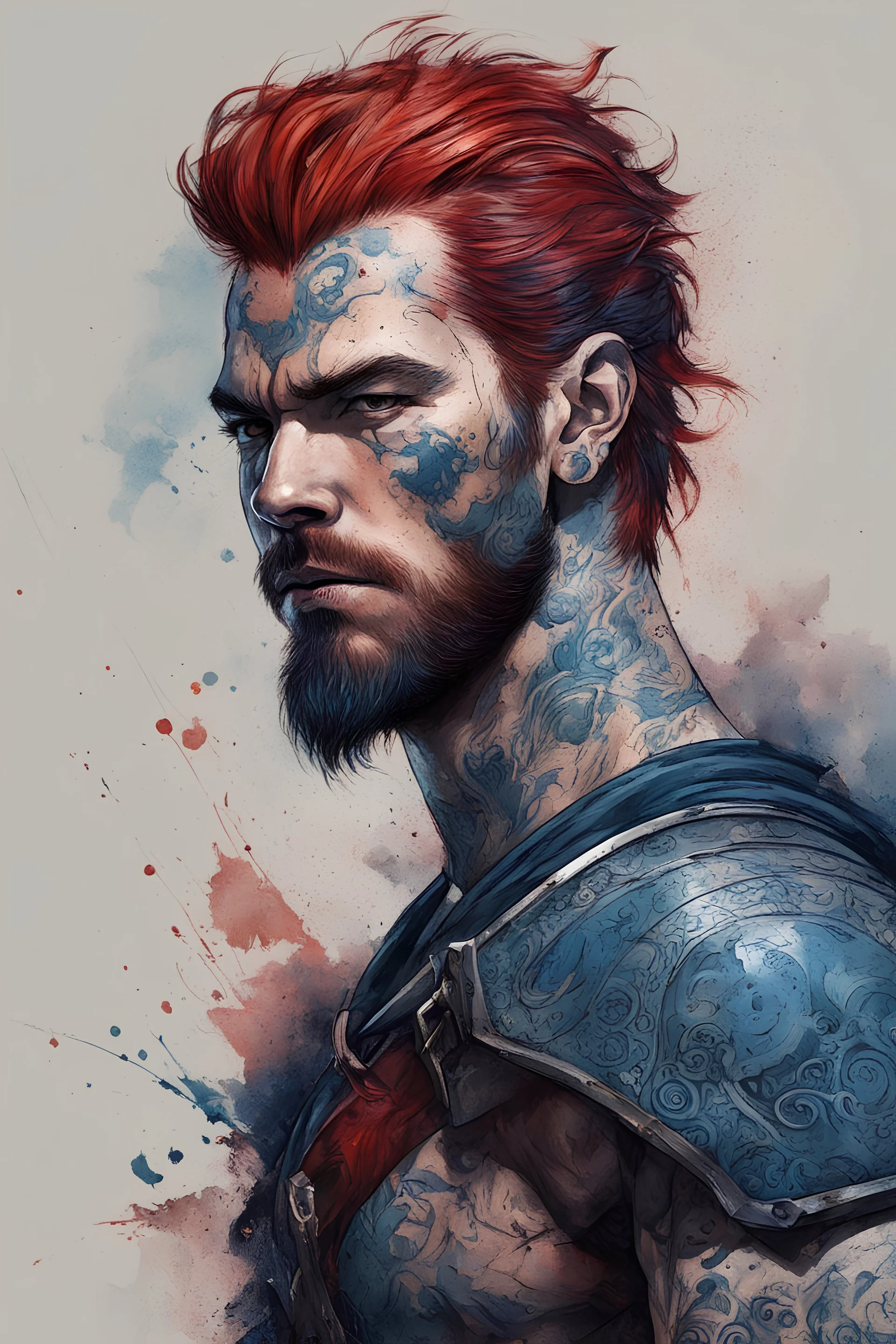 character concept illustration of a thin, long red haired, blue tattooed Pict warrior, , maximalist, sharp focus, highest resolution, in the styles of Denis Forkas , and Masahiro Ito, boldly inked, 8k, coarse, gritty textures