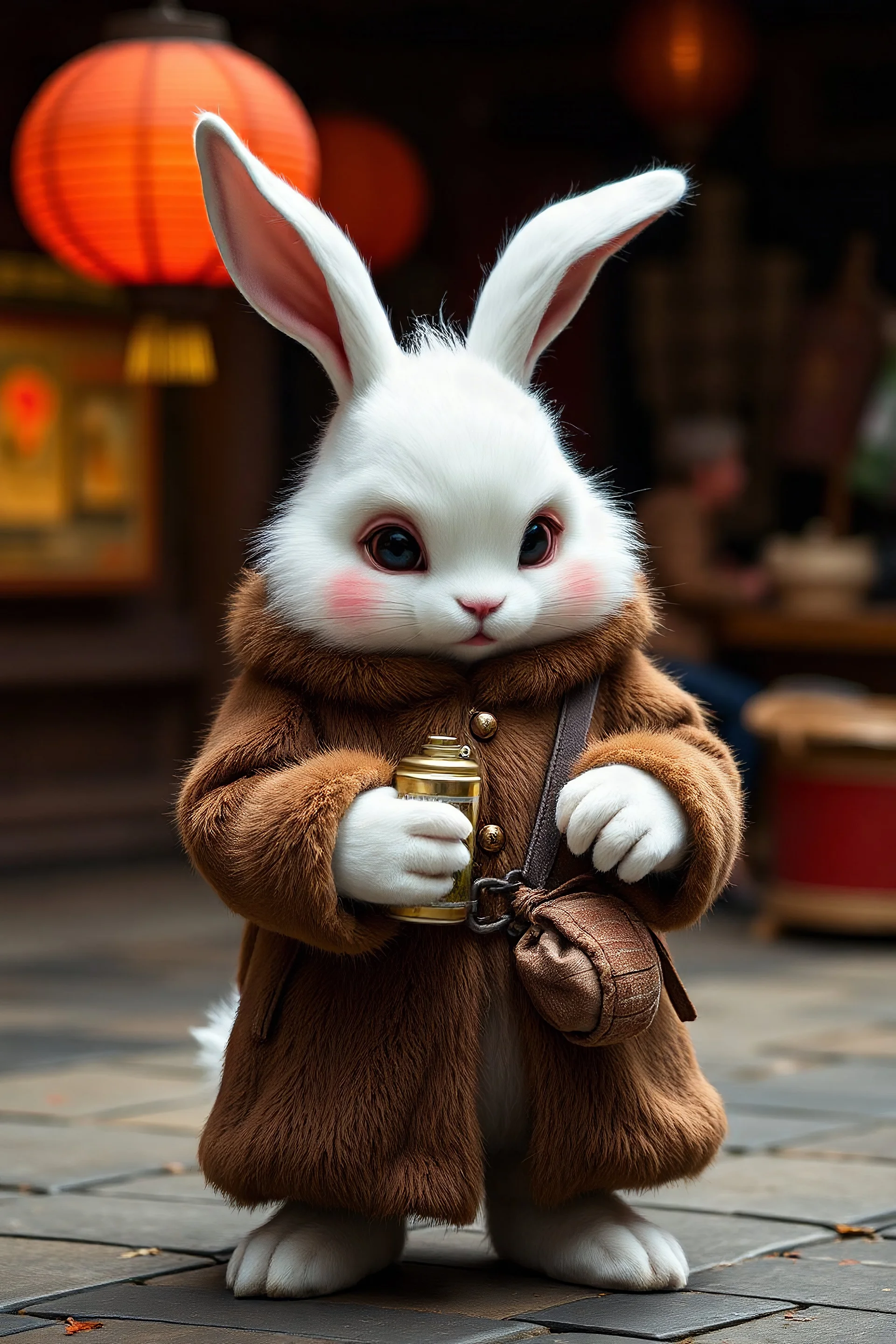 Harengon-White rabbit humanoid, dressed brown fur coat, holding canteen