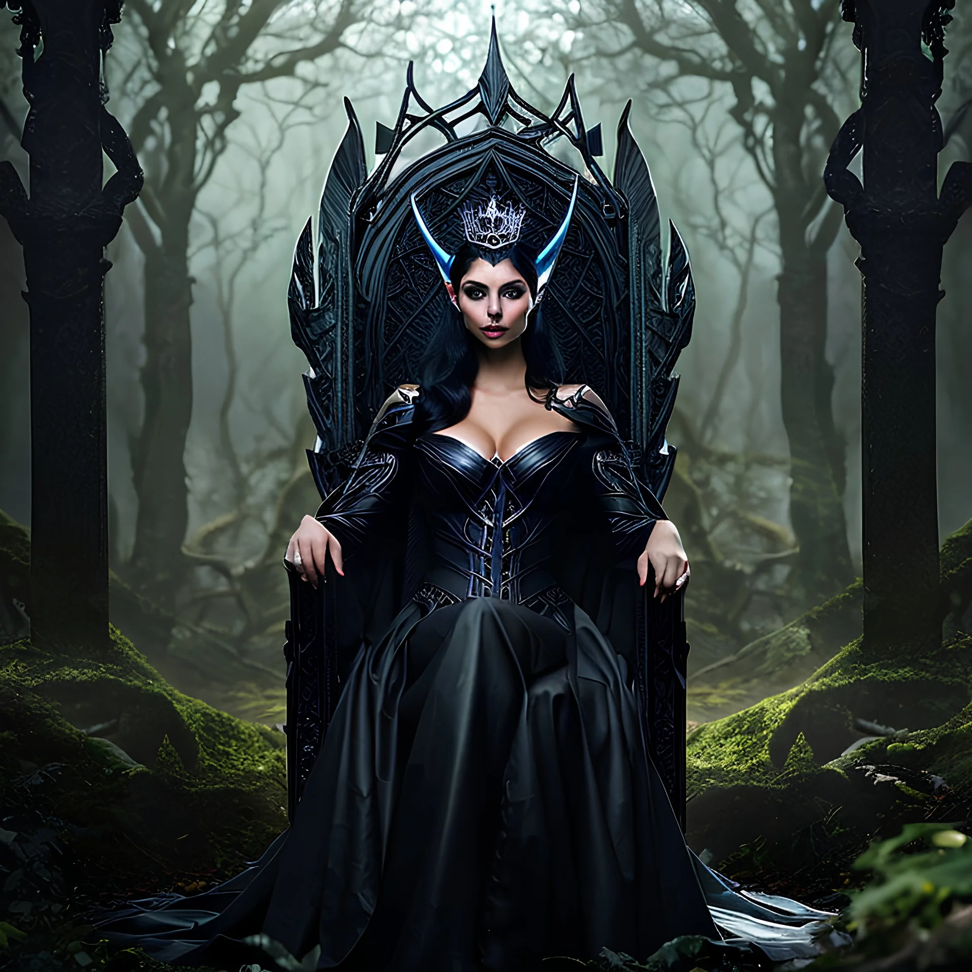 Morena Baccarin as a beautiful sexy dark elf queen seated elegantly on a throne in a mystical forest, dark celtic vignette frame, photo-realistic, cinematic lighting, award-winning photography