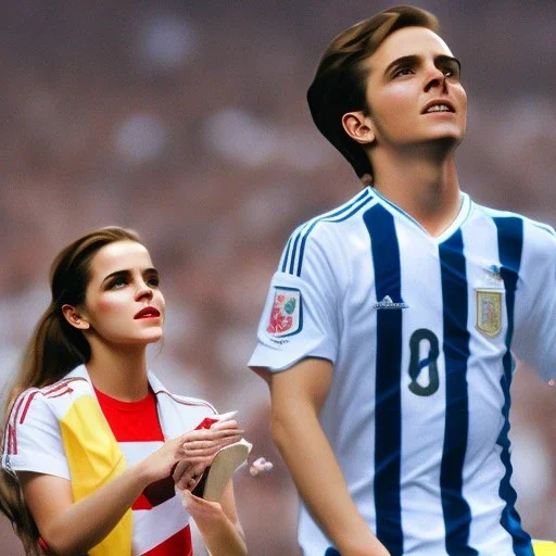 Emma Watson in an Argentina soccer jersey watching a soccer match at Wembley Stadium