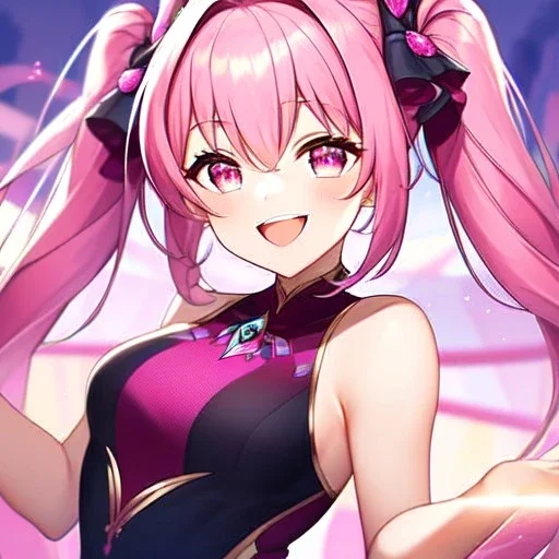 girl, masterpiece, best quality, volumetric lighting, detailed outfit, perfect eyes, pink hair, pink eyes, twin ponytail, laughing,