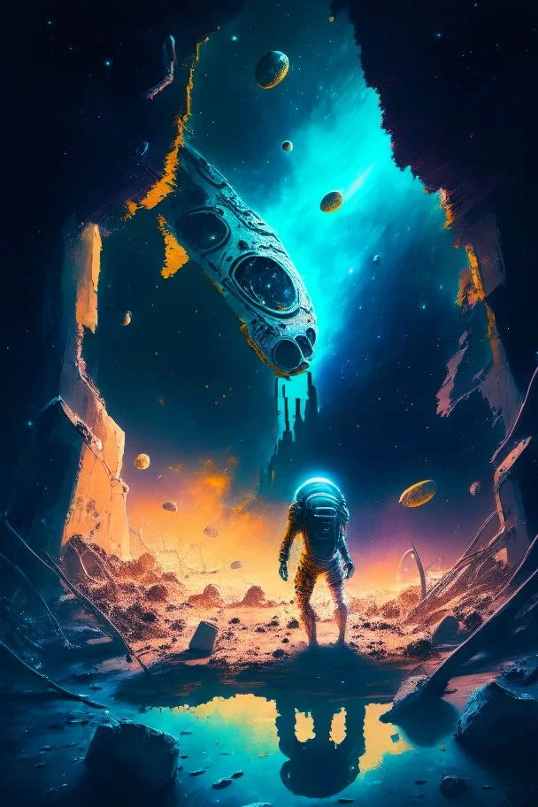 Digital Painting, dark, starry background with a central image of a perplexed astronaut floating in space, surrounded by abandoned alien ruins, Surrealism