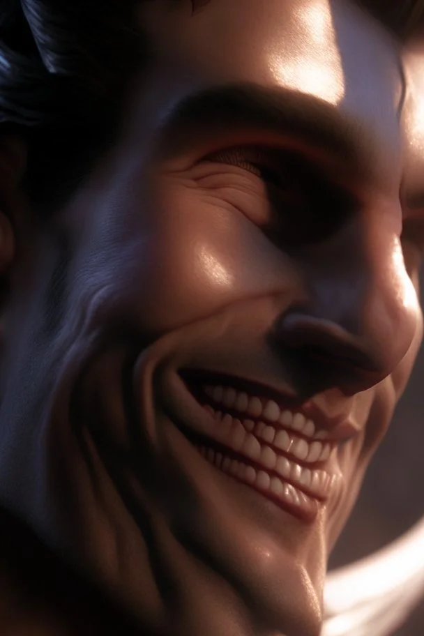 a very close up side profile image of an evil angel, smiling,8k quality, supper realistic