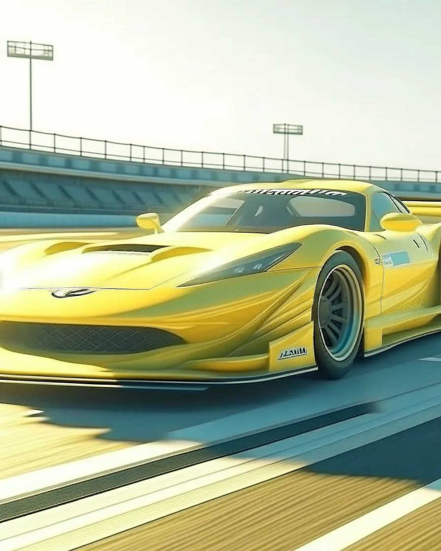 A light yellow racecar on a race track painted by Zosan