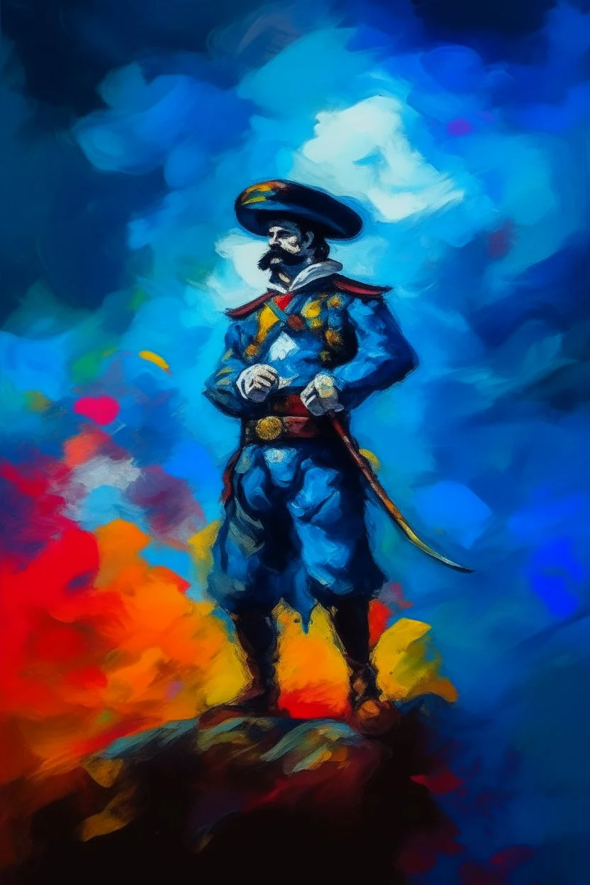 A surreal picture of a Matador man , Busch painting style , mystery, anger oil rough brush with thick colors, wearing nucleus with big cross on his chest , blue colors picture with colorful clouds in a fighting arena