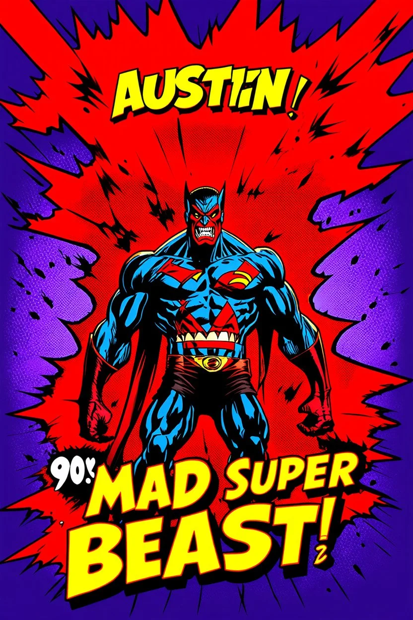 comic scary super hero mad crazy wild super head big title with movie poster title: Austin super beast, 90s style, angry fast, extreme, wild, so so so so angry, tough sexy red and purple background with 90s comic style slashes