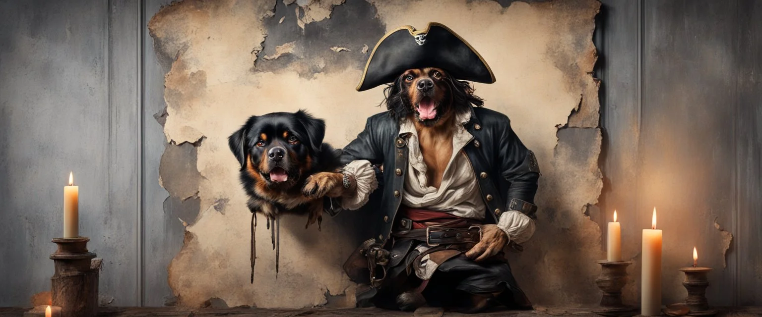 Hyper Realistic haunted & vintage view of a painting of an angry pirate with his Rottweiler on a peeling paint wall with candles on wall