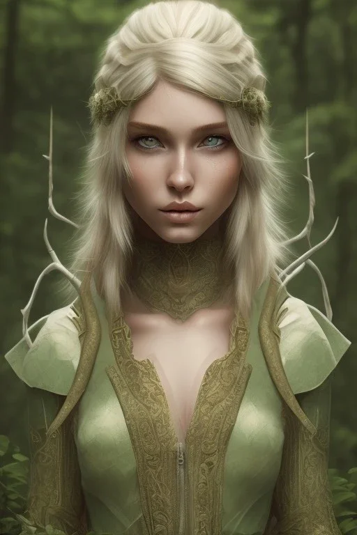Elf Ranger, dnd character portrait, pale green eyes, blonde hair, earth tone clothes, hyperrealistic, intricate details, insanely detailed, forest background, natural lighting