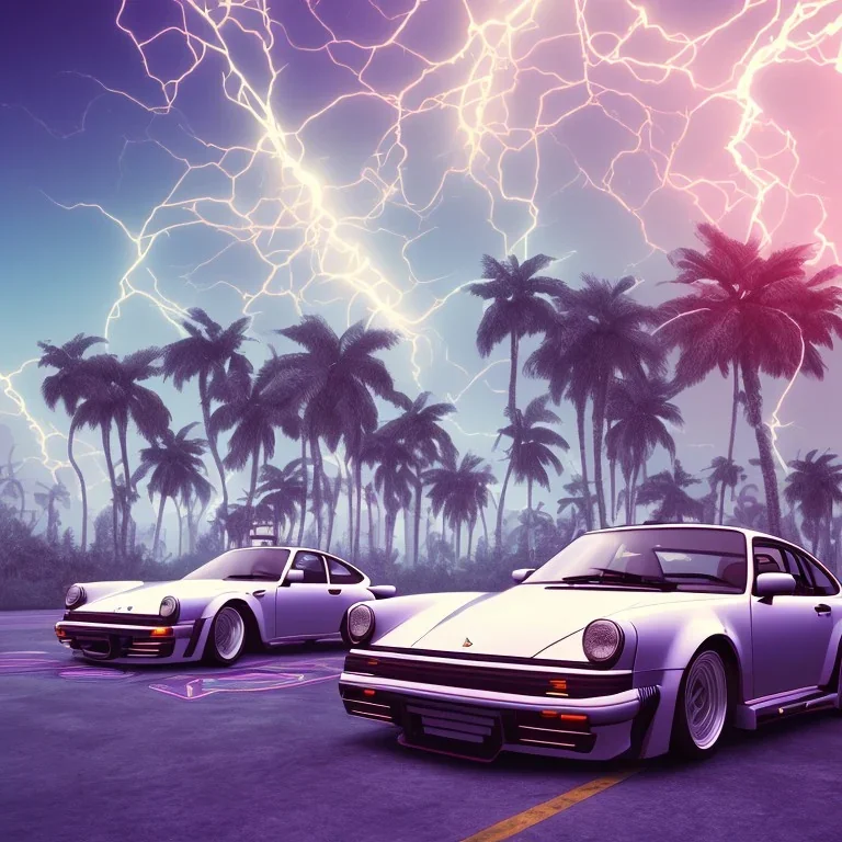 1980's aesthetic vaporwave palm trees and spheres and Porsche with lightning