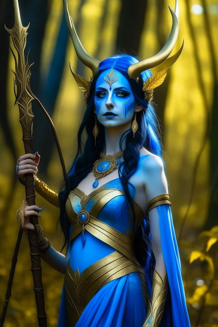 A picture of a beautiful blue faced indian goddess with skin painted blue, blue painted body, blue painted torso, wild black hair, stag antlers, elven ears, golden skirt, holding a staff in a sunny forrest