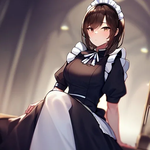 Clear focus, High resolution, girl wearing a maid outfit, medium length dark brown hair, sitting down, angry