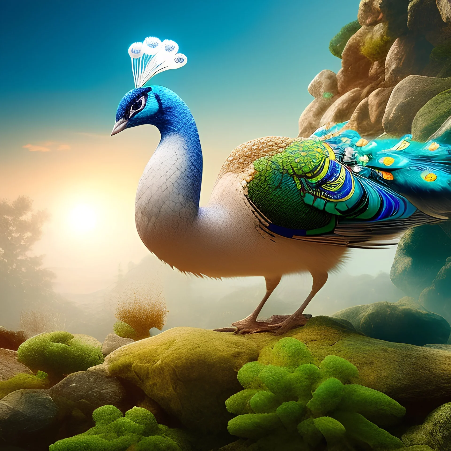  white peacock who makes the wheel in native environment, full body, au naturel, hyper detailed, cinematic lighting, studio quality, smooth render, unreal engine 5 rendered, octane rendered