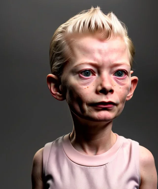 Tilda swinton toddler, full body, shoe, car, soft, dramatic lighting, hyper realistic