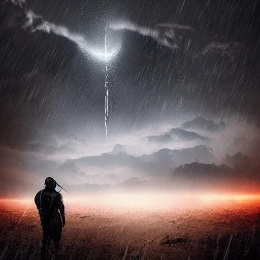 doom scenary. Heavy rain. Epic Lighting in the sky. Knight with masonic scroll. Falling meteorite from the sky. Meteorite burning in the distance. Dark mud.