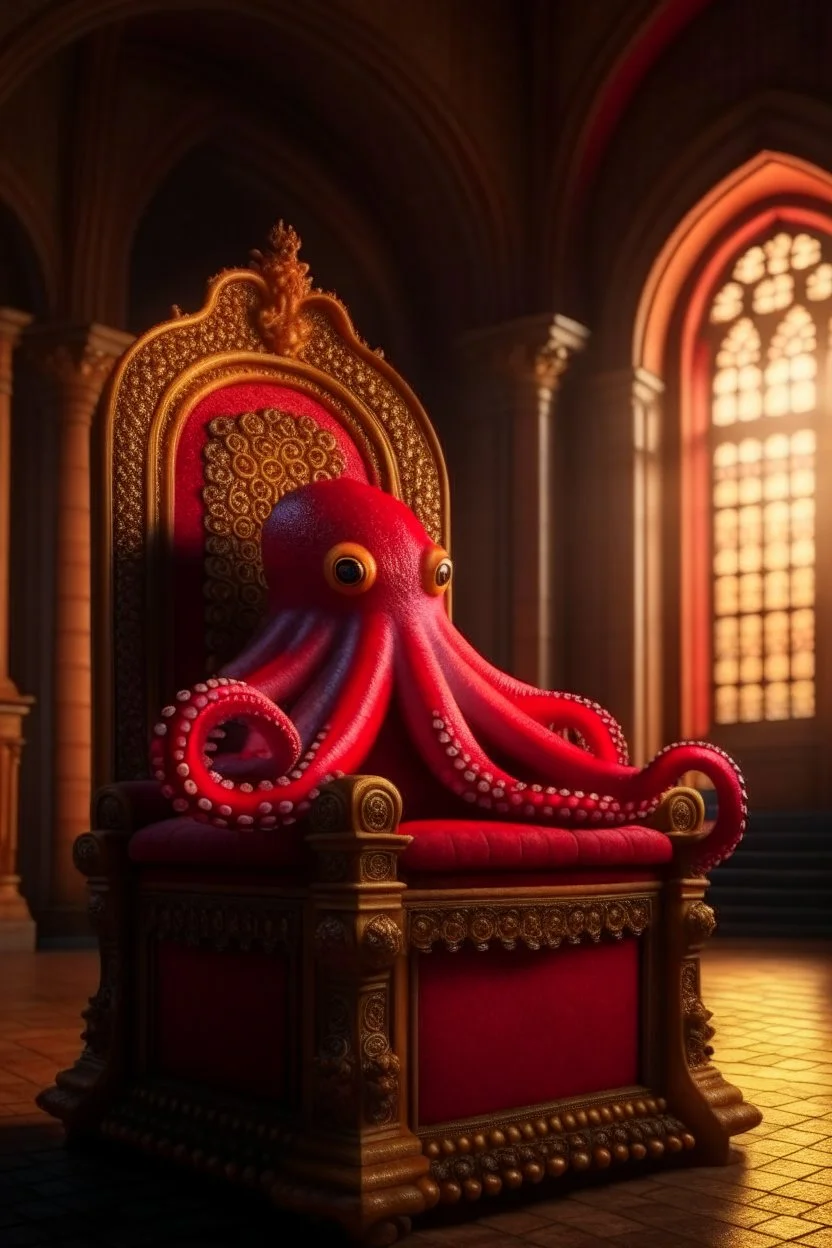 octopus on a throne in medieval castle, 4k, downlight, soft light, depth of field, photorealism