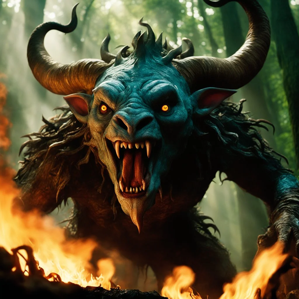 [a scene of Pan's Labyrinth (2006): summoning a devil] a low angle view with bokeh effect capturing the monstrous Laughing monster in all its fearsome glory. Smoke billows menacingly from its nostrils, swirling around its grotesque visage, while flames rage fiercely from its gaping maw, casting an eerie glow against the darkening sky. The Laughing monster's wicked laughter echoes through the valley, sending shivers down the spines of all who behold its menacing form.