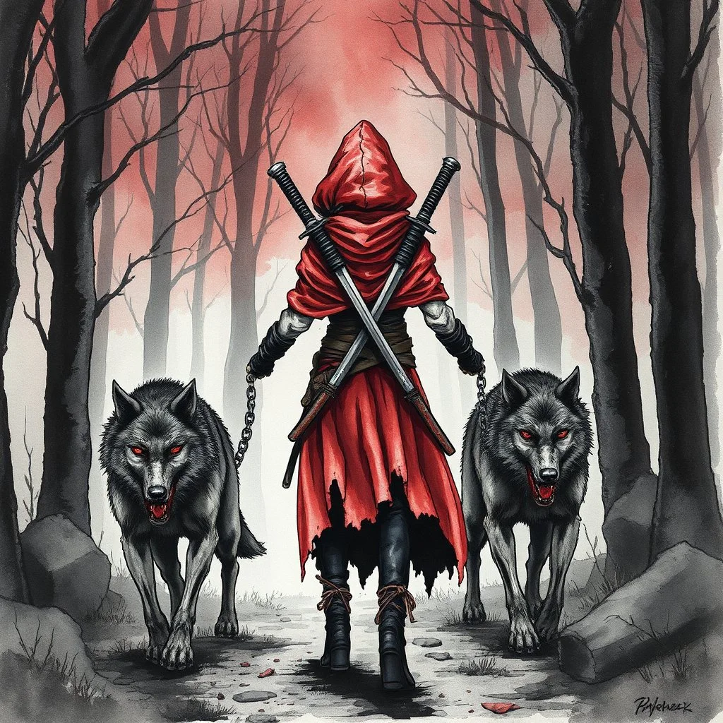 Twisted fairy tale, Little red riding hood as a modern post-apocalyptic zombie hunter with two muzzled zombie wolves on chains walking through an eerie magical forest, Little Red Riding hood has dual crossing katanas strapped to her back, watercolor and ink, dark fantasy aesthetic, darkly stunning, dramatic, artistic, ink wash. sfumato