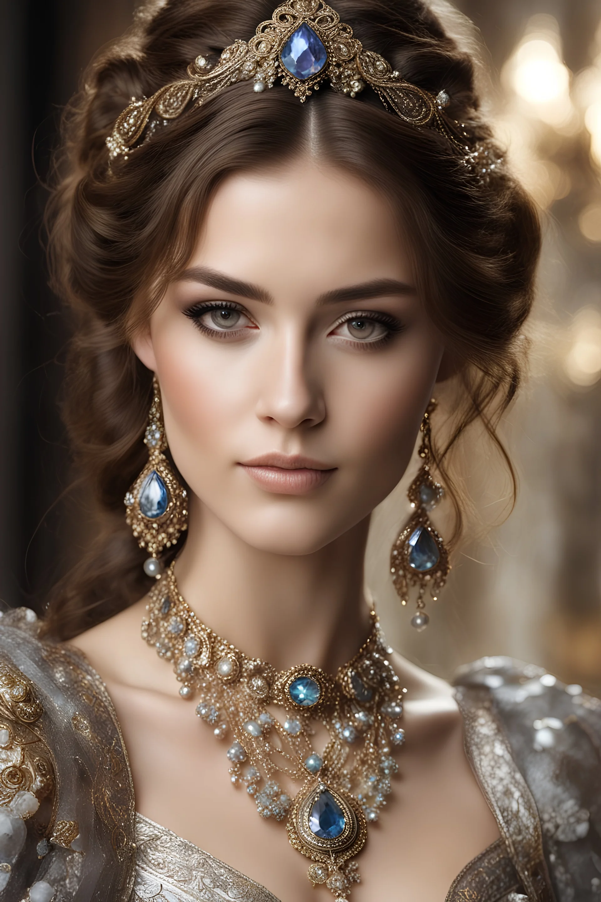 Half body photography cinematic realistic portrait ,natural beauty,natural colors, of young woman, smiling, beautiful, shiny grey eyes, make up, Victorian Byzantine style, shiny baubles, ornate, large gemstones, shiny molten metalics, shiny wire filigree, brown hair, high definition