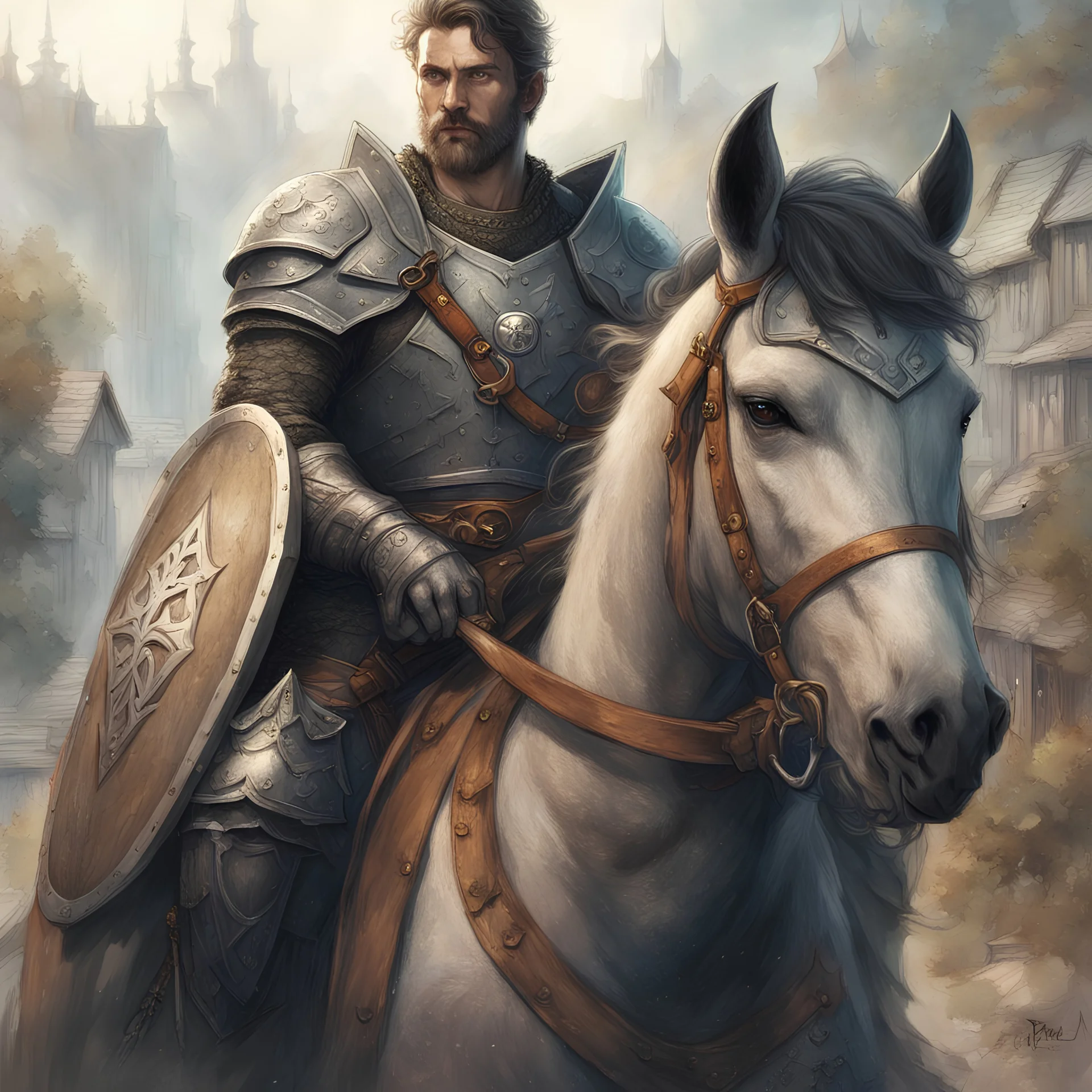 A paladin in gray armor riding a horse without armor. You can see the face of an 40 year old man with small scars. The paladin is wearing a shield on the left arm and holding a necklace with a amulet in the right hand. The background is a village in the woods with a misty atmosphere. The image is super detailed in a fantasy dnd style.
