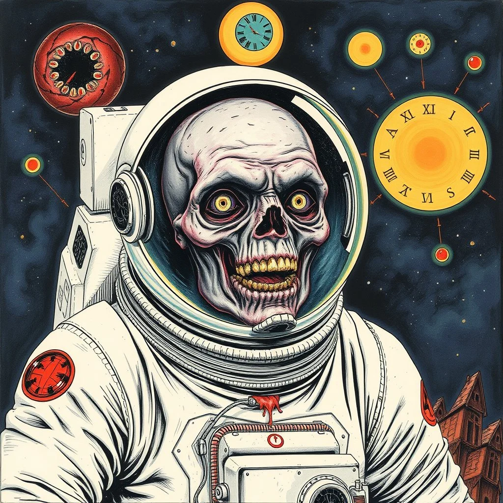 Amalgamation of a zombie astronaut, regressive time loop, by Rufino Tamayo and Wayne Barlow, surreal horror, descent into madness, color pen and ink illustration