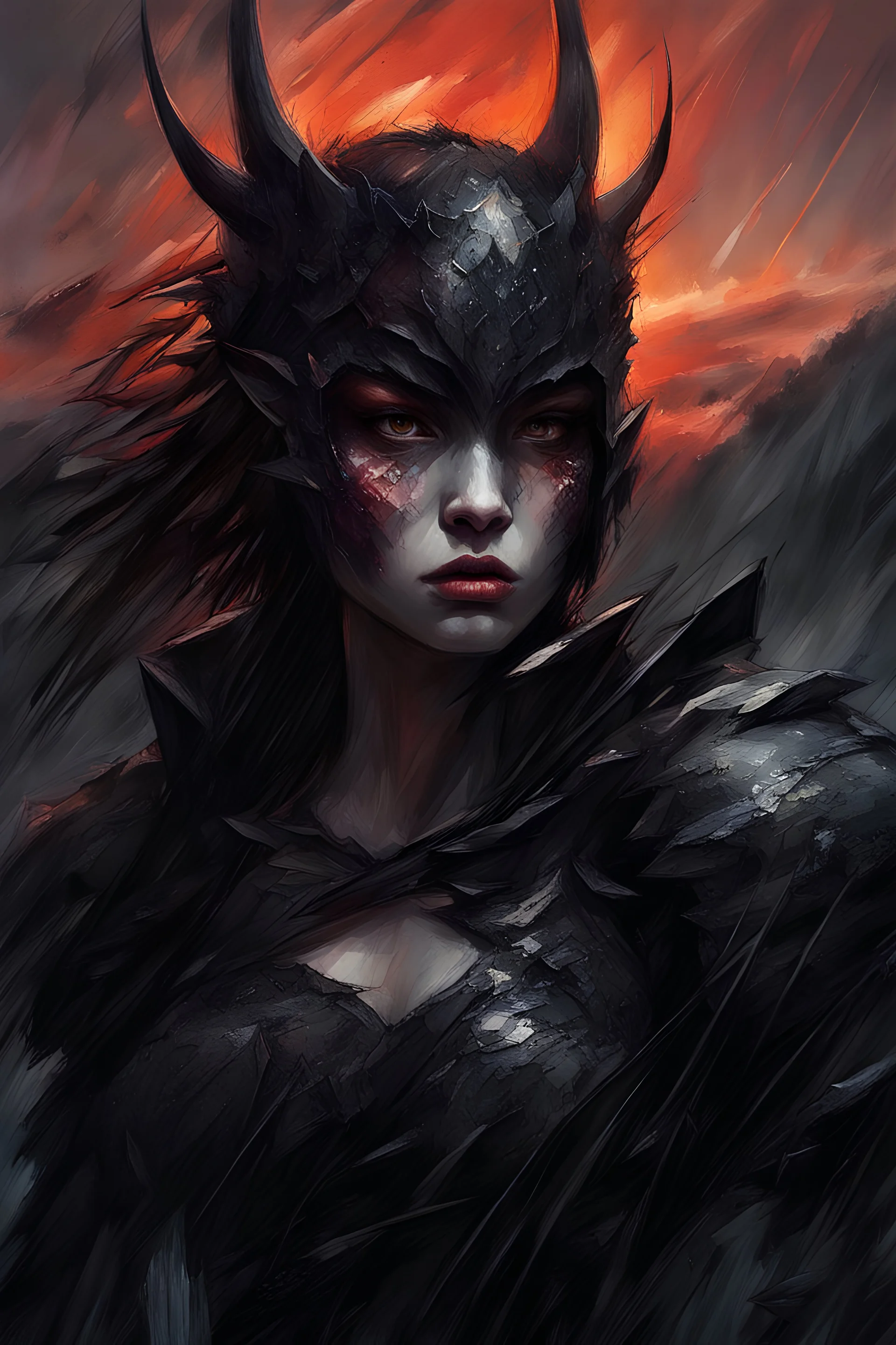 A formidable warrior girl in black armor & monster, against the background of an amazing gloomy landscape flooded with sunset, mountains, trees, a fabulous scary hero, juicy emotions, painting, gloomy fantasy, gloomy day, dark world, portrait, oil and graphite, wide strokes, a weaving frame around, by Ryohei Hase, Agnes Cecile, Raymond Swanland, Anne Bachelier