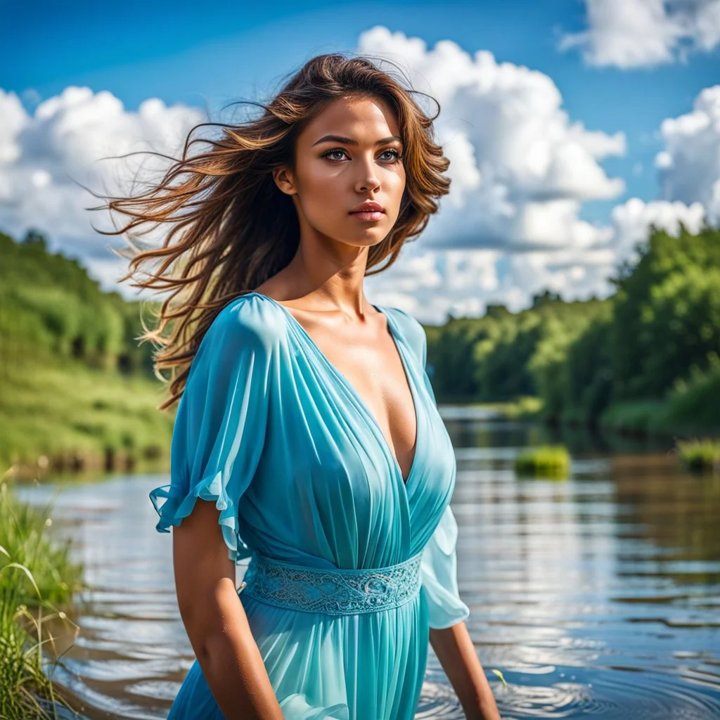 upper body closeup of very beautiful girl walks in water in country side , curvy hair ,next to small clean water river,pretty clouds in blue sky